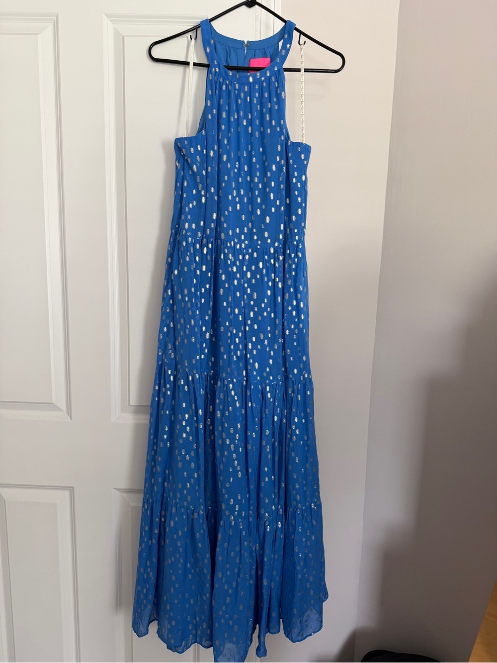 Lilly Pulitzer Blue Sleeveless Tiered Maxi with Metallic Dot Accents